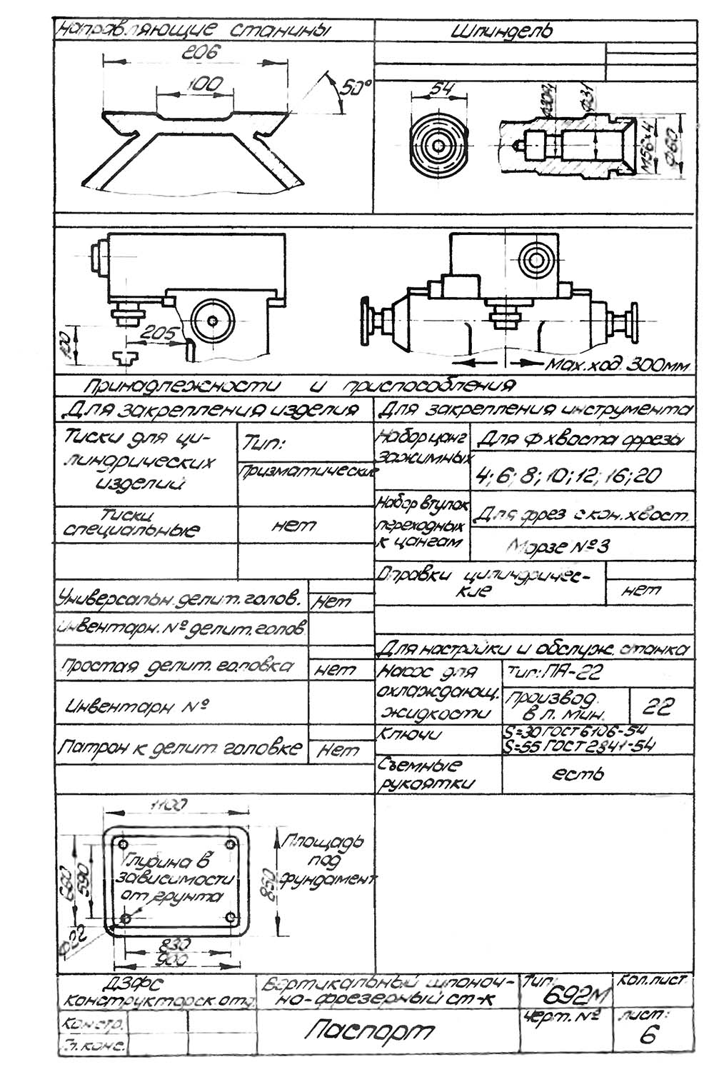 Габаритные розміри робочого простору і посадочные базы шпоночно-фрезерного верстата 692М